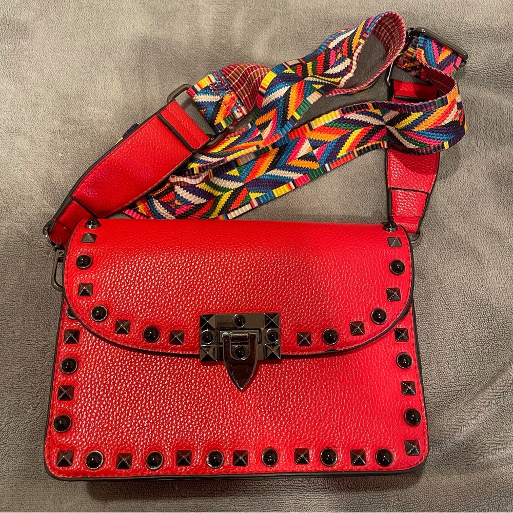 Ruby Red Crossbody Bag With Rainbow Strap - image 3